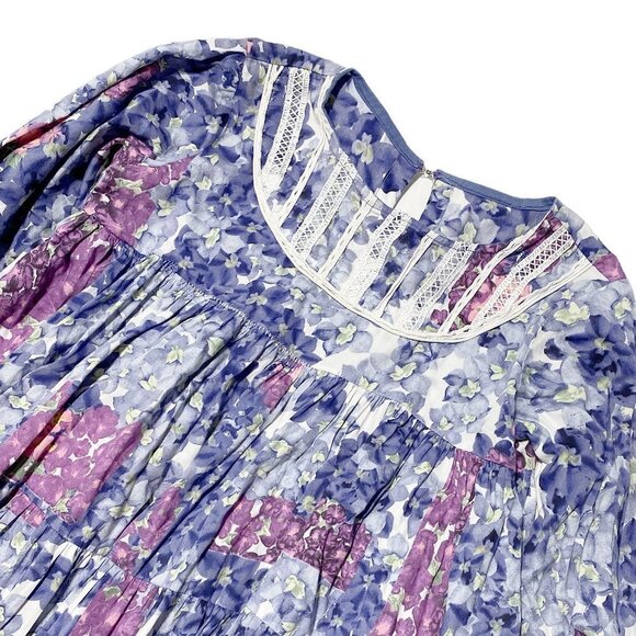 Vintage Purple Floral Bib Front Wide Tiered Long Sleeve Dress - Picture 2 of 4